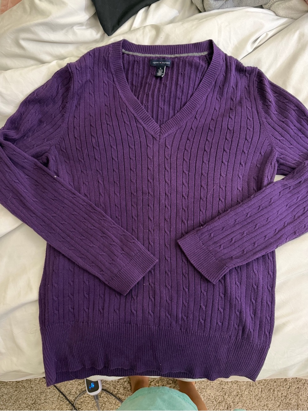 Tommy Hilfiger Purple Cable-Knit V-Neck Sweater
